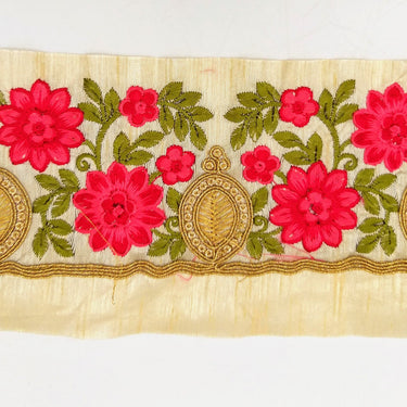 Beige Silk Fabric Trim, Green, Pink & Gold Floral Embroidery Indian Sari Border Trim By Yard Decorative Trim Craft Lace